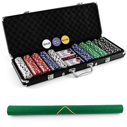 COSTWAY Chips Poker Set da Poker di 500 Chips, Inclusi 2 Mazzi di Carte da Poker 5 Dadi 1 Pulsante Dealer Valigetta in Alluminio (Argento)