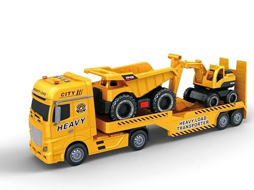 Teorema Giocattoli, Camion Giocattolo Bisarca, Set 3 in 1 Veicoli Cantiere con Escavatore e Dumper, Luci e Suoni Realistici, Movimento a Frizione, Scala 1:16, Gioco per Bambini