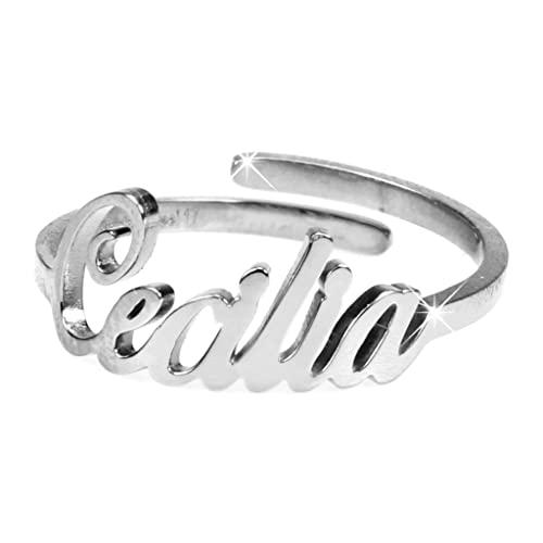 Flowers Anello Donna con Nome in Acciaio Inossidabile, Scritta Nome in Corsivo. Misura Regolabile (Cecilia)
