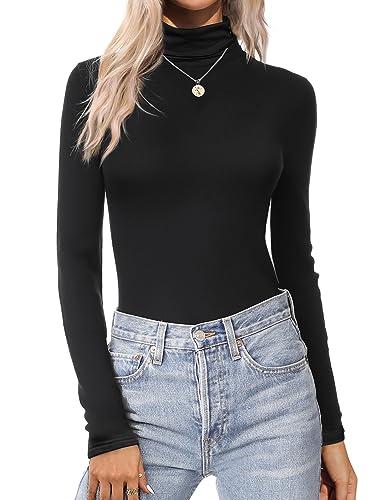 Zeagoo T Shirt a Maniche Lunghe da Donna Basic Collo Alto Termica Maglietta Casual Autunno Top Aderente Tinta Unita Camicetta Nero S