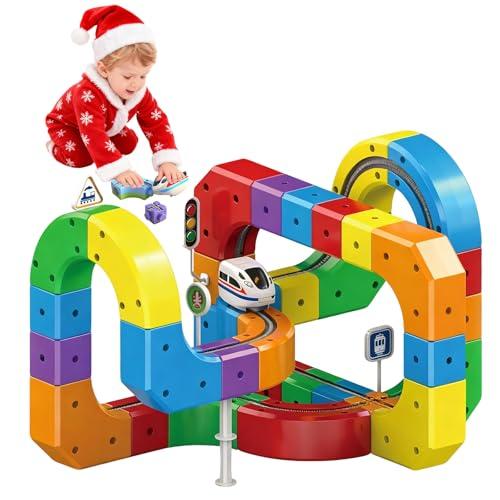 Set di tiranti elettrici magici per ferroviari magnetici per auto, set di binari magnetici fai da te per bambini, layout incorporati 3D anti-gravità (81 pezzi)