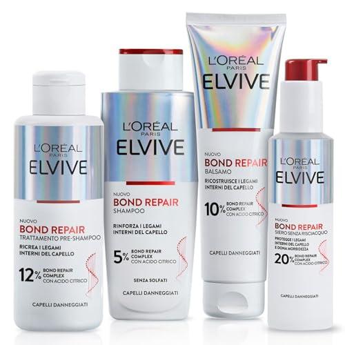 L'Oréal Paris Elvive Bond Repair Kit con Pre-Shampoo, Shampoo, Balsamo e Siero Senza Risciacquo, per Capelli Danneggiati, Ricrea i Legami Interni del Capello, Con Acido Citrico