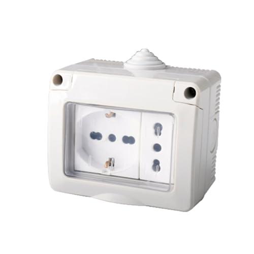 Cassetta Elettrica IP55 Con Sportellino, 3 Moduli Presa Schuko P40 + Presa Bipasso 10/16A, Kit Scatola Elettrica Pronta, Montaggio Da Muro Parete Esterno