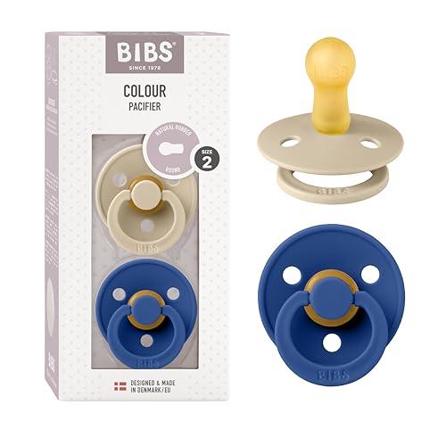 BIBS Colour Ciuccio confezione da 2 pezzi. Privo di BPA, Tettarella tonda. Lattice di gomma naturale, Prodotto in Danimarca. Misura 2 (6-18 mesi), Vanilla/Cornflower