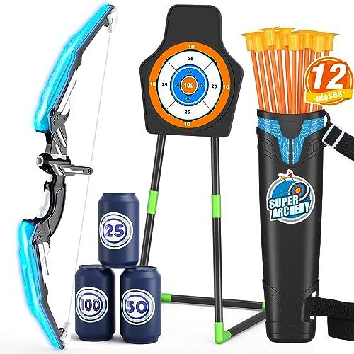 HYES Arco e Frecce per Cambini con Luci LED, Set di Tiro Giocattoli con Frecce e Arco, 12 Ventosa Frecce, 1 Bersaglio, 1 Supporto Freccia, Regalo per Interni ed Esterni, Blu