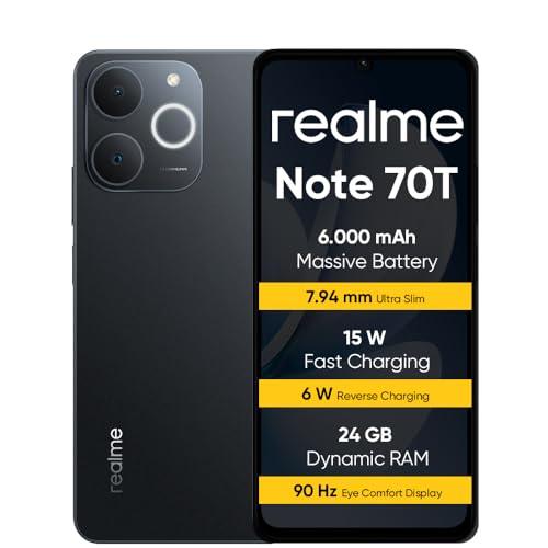 realme Note 70T Smartphone 4+64 GB, Batteria da 6.000 mAh, Ricarica rapida da 15 W con carica inversa da 6 W, 24 GB di RAM dinamica, Display con comfort visivo da 90 Hz, nero