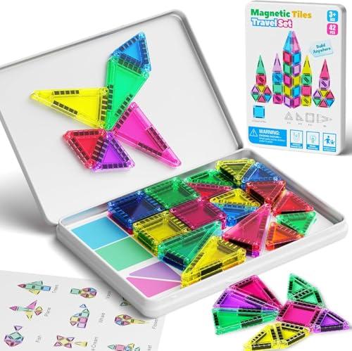 Set di 42 mattonelle magnetiche da viaggio per bambini, portatili, da viaggio, mini piastrelle magnetiche, giocattoli magnetici, scatola da costruzione montessori, giocattolo regalo per bambini di 3