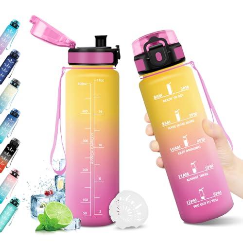 Borraccia 500ml, Bottiglia Riutilizzabile, Borraccia con Filtro, Borraccia Sportiva con Marcatori Temporali, Bottiglia senza BPA, A Prova di Perdite, Borraccia Sport per Bambini, Scuola, Ufficio