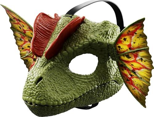Mattel Jurassic World - Maschera Dilofosauro Lanciaveleno, maschera da costume di dinosauro con collare regolabile, suoni e funzione d'acqua lanciaveleno, giocattolo per bambini, 4+ anni, HXF55