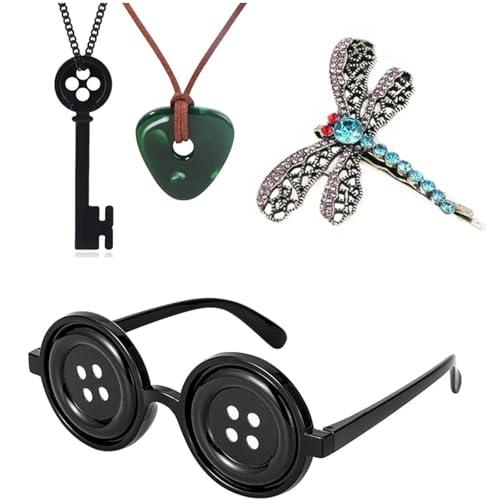 Generic XHBTS - Set di accessori per capelli con collana con pietre coraline, libellula, occhiali, occhiali, accessori per Halloween, colore verde, Gemma, Nessuna pietra preziosa