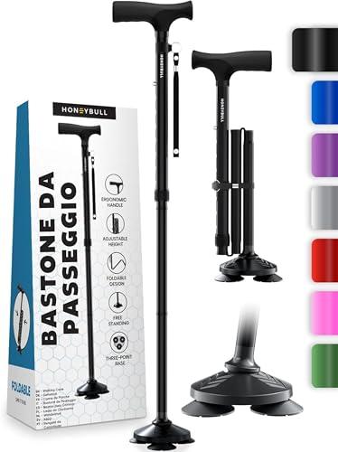 HONEYBULL Bastone da passeggio per uomo e donna – Pieghevole, Regolabile, Compatto, Autoportante, Punta Snodata, Resistente e Robusto | Bastoni da passeggio per anziani e adulti (NERO)