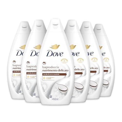 Dove Bagnodoccia Nutrimento Delicato, Idratante Dermo-Naturale, Olio di Cocco, 1/4 Crema Idratante, Dermatologicamente Testato, Bagnoschiuma Uomo e Donna, 100% Bottiglia Riciclata* 6 Pezzi x 450 ml
