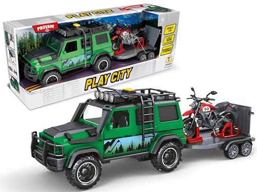 Teorema Giocattoli Play City Macchinina Fuoristrada Giocattolo con Rimorchio e Moto Inclusa, Luci e Suoni Reali, Movimento a Frizione, Set Avventura per Bambini