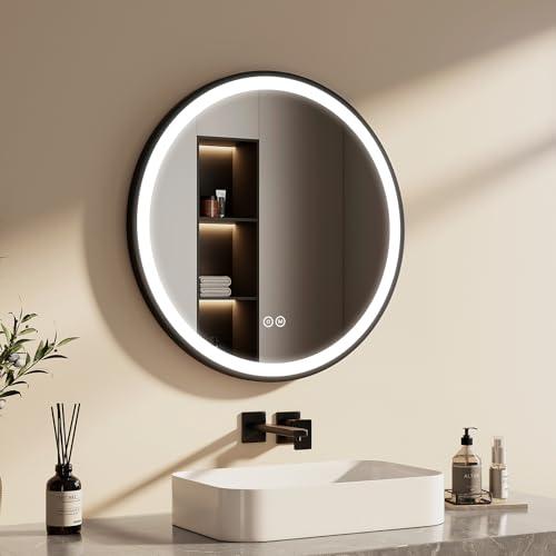 EMKE Specchio Bagno Rotondo con Luce 70 cm, Specchio Bagno LED con Interruttore Tattile Bianca Fredda 6500K / Luce Calda 3000K / Luce Neutra 4000K (Tipo 3)