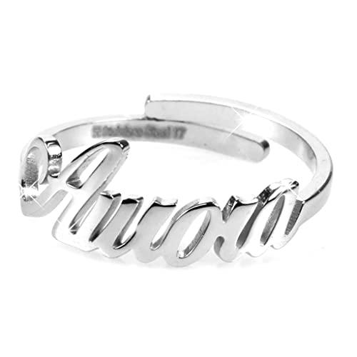 Flowers Anello Donna Con Nome in Acciaio inossidabile, Scritta Nome in Corsivo. Misura regolabile (Aurora)