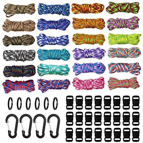 aufodara Kit Paracord 240 Piedi 24 Colori Corda di Paracord con 24 Fibbie in Plastica, 6 Anello Portachiavi e 4 Moschettone Tessitura Bracciale Fai Da Te, Collare per Cani, Campeggio Sopravvivenza (A)