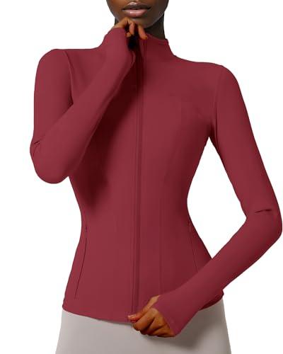 Locachy Giacca da donna aderente con zip intera per atletica, corsa, sport, allenamento, con fori per pollici, Small