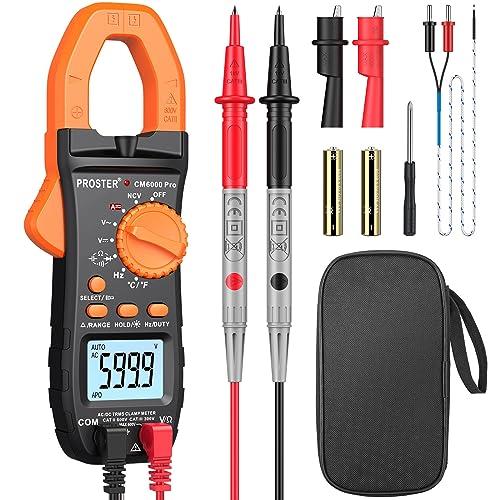 Proster Pinza Amperometrica Auto-Ranging Tester Multimetro Pinza Misura AC/DC Misuratore TRMS 6000 Counts Tester Resistenza Diodi Capacità NCV con Display Retroilluminato Luce e Clip a Coccodrillo