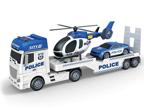 Teorema Giocattoli - Tir, Camion Giocattolo per Bambini, con Elicottero e Auto, Set di Veicoli con Luci e Suoni, Movimento a Frizione, Scala 1:16, Tema Polizia