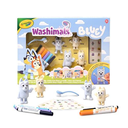 Crayola - Washimals Bluey, Set Attività con Adesivi e 4 cuccioli, 6 Pennarelli Lavabili, Adesivi e Spazzolina, Gioco e Regalo per Bambini, da 3 Anni, 74-0253
