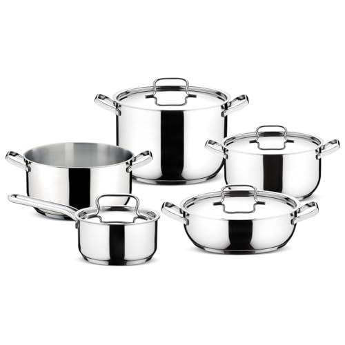 Lagostina Sfiziosa, Set di 9 Pentole con Fondo Lagoseal Plus per Tutti i Piani Cottura, Rivestimento in Acciaio Inox per Rapido Riscaldamento e Cottura Uniforme, Design Elegante di Lunga Durata