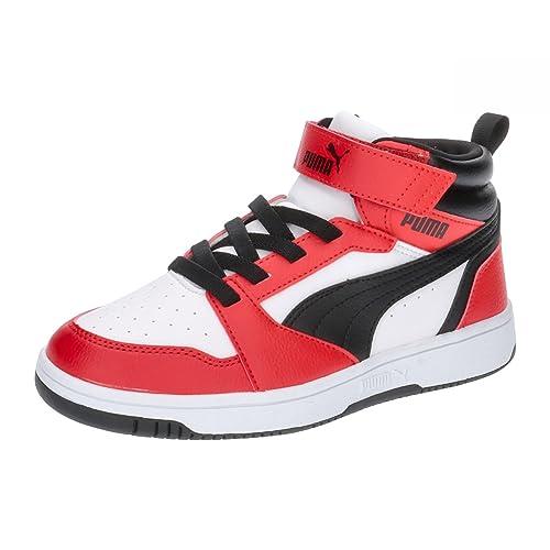 PUMA Puma Rebound V6 Mid Ac+ Ps, Scarpe da ginnastica Unisex - Bambini e ragazzi, Puma White Puma Black For All Time Red, 34 EU