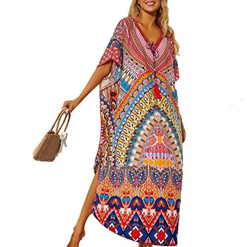 Lazz1on Donna Kaftan Lungo Abito da Spiaggia Maxi Bohemien Parei Copricostumi Copribikini Cover ups Scollo a V