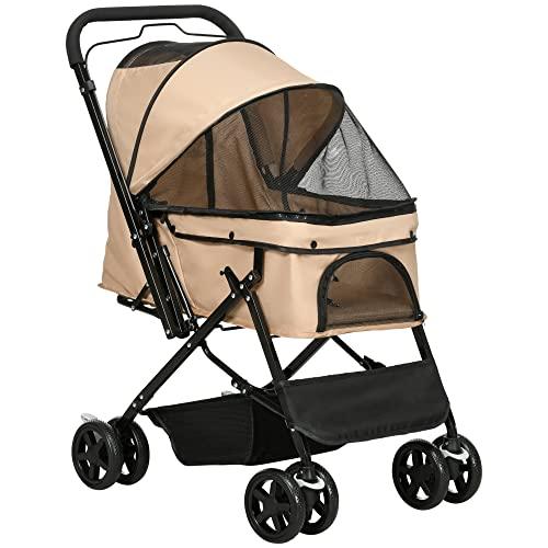 PawHut Passeggino per Cani Piccoli Pieghevole con Maniglione Girevole Ruote con Freni in EVA, Passeggino Cane con Cestino Portaoggetti, 76.5x52x95cm, Marrone Chiaro