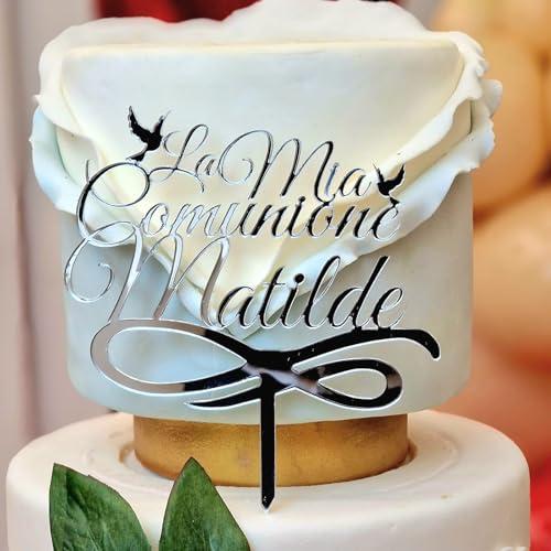 Cake Topper La mia Comunione con Nome Personalizzato | Targhetta Decorativa per Torte Personalizzabile in Plexiglass Specchiato, 15 cm di Altezza x 12 cm