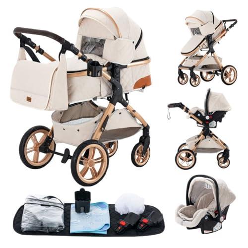 Passeggino 3 pezzi, passeggino, passeggino 3 in 1, passeggino pieghevole, pneumatici in gomma, con accessori, Gondola, Adaptateurs, 25 kg (XX1 Crema)…