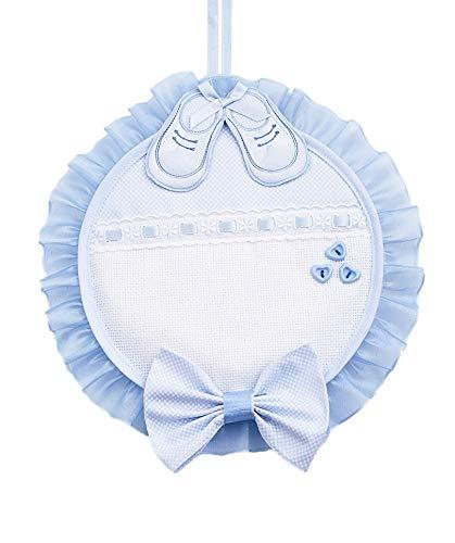FILET - Fiocco Nascita rotondo con dettaglio scarpine bebè ricamate |Inserto in tela Aida da Ricamare personalizzabile col nome del bambino | Materiali di alta qualità | Azzurro