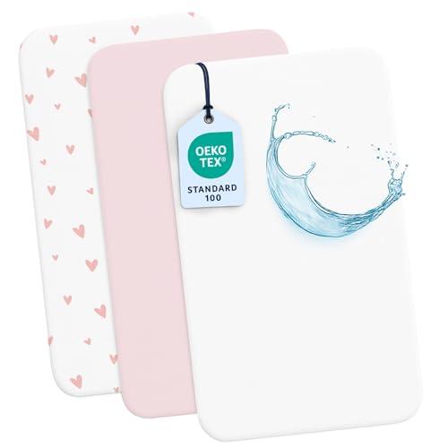 Dreamzie 2 Lenzuola culla Neonato + 1 Coprimaterasso Impermeabile Lettino con Elastico - 100% Cotone Per Culla Co-sleeping, Lettino - 55x90 cm Heart