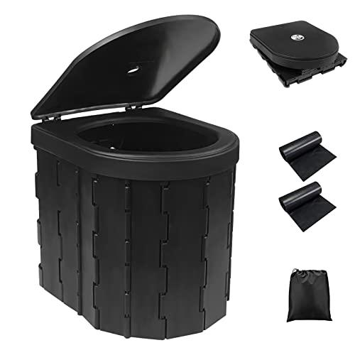 Fousenuk WC Portatile Nero, WC da Campeggio Pieghevole con Coperchio e 2 Rotoli di Sacchetti per Spazzatura, Toilette Portatile Portante da 150 kg per Escursioni, Campeggio, Viaggi Congestione