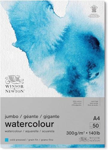 Winsor & Newton Carta per acquarello, Grana Fine, 300gr, Miscela Di Fibre di Cotone 25% e Cellulosa, Bianco Naturale,, Priva di Acidi, DIN A4, Blocco incollato 1 Lato JUMBO, 50 Fogli