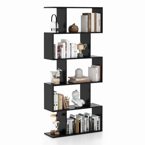 COSTWAY Scaffale a 5 Ripiani in Legno, Libreria Geometrica a Forma di S con Dispositivo Antiribaltamento, per Soggiorno Ufficio Camera da Letto, 70 x 23,5 x 158 cm (nero)
