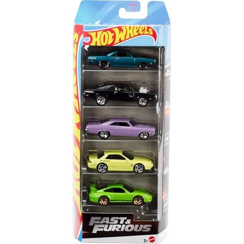 Hot Wheels - Set Fast & Furious da 5 veicoli die-cast in scala 1:64 ispirati e visti nei film della saga, dettagli autentici e temi assortiti, giocattolo per bambini, 3+ anni, JDR19
