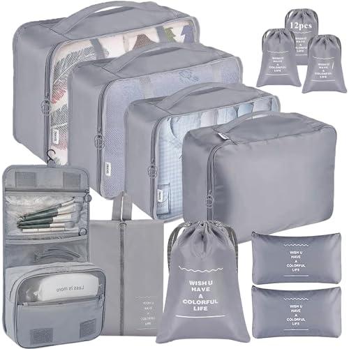 Shrubz 12 Pezzi Organizer Valigie, Packing Cubes, Abbigliamento Intimo Calzature Organizzatori Sacchi Valigia di Stoccaggio Set, Organizzatore per Vacanze Viaggi, Grigio