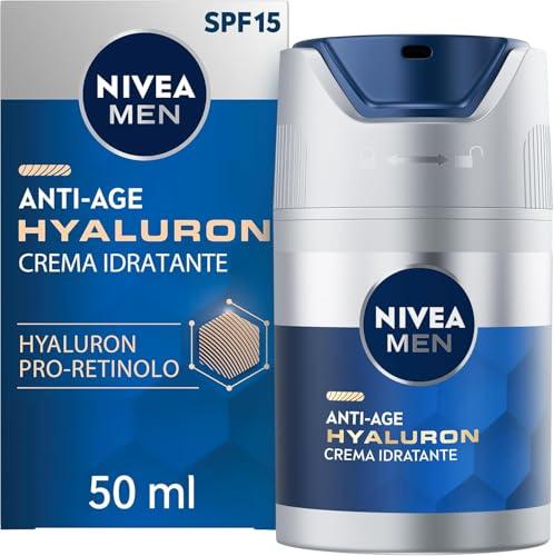 NIVEA MEN Anti-Age Hyaluron Crema Viso Idratante FP15 50 ml, Crema viso uomo antirughe per pelli mature, Crema viso acido ialuronico nutriente e rimpolpante con fattore di protezione 15