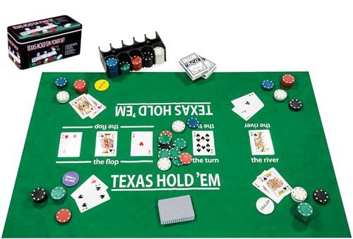 Engelhart - 320900 - Set completo di poker – Scatola in metallo con tappetini, 200 gettoni da 4 g, 2 mazzi di carte, pulsanti da croupier, piccola e grande blind, regole incluse