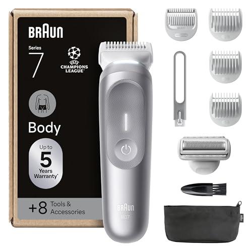 Braun Rasoio Elettrico Corpo Uomo Series 7, +8 Strumenti Cura Corpo, Luce Smartlight & SkinGuard, 100 Min Utilizzo, Testine SmoothShave & SensitiveTrim, Impermeabile, Rasoio Intimo Uomo, Grigio