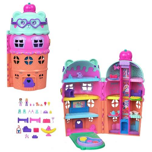 Polly Pocket - La Casetta del Gelato, Set a Tema Orso di 4 Piani a Forma di Cono Gelato, 2 Mini Bambole e 25 Accessori Inclusi, Giocattolo per Bambini, 4+ Anni, JKB89