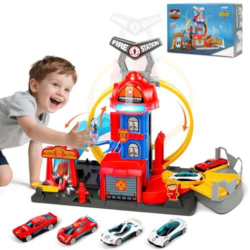Charmofun City Caserma dei Pompieri con Super Loop, Set di Pista per Macchinine con 4 Macchinine, 3 Parcheggi, Piste con Ascensore e Luci e Suoni, Circuito a Lancio Giocattolo per Bambini dai 4 Anni