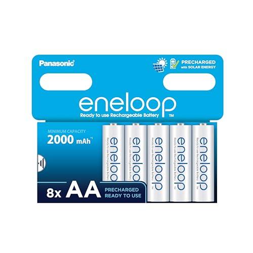 eneloop, batterie ricaricabili AA/Mignon, confezione da 8, capacità di min. 2000 mAh, batterie Ni-MH, pronte all'uso, ricaricabili fino a 2000 volte, confezione senza plastica, standard, bianche