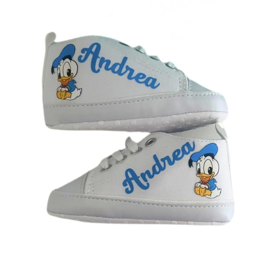 Scarpine Neonato, Scarpette Personalizzate con Nome, Scarpe da Culla con Stampa (Paperino, 6-9 mesi)