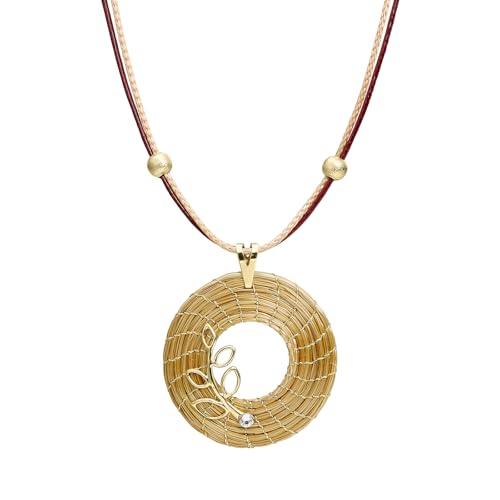 VERA NAVARRO - Collana con Pendente Mandala Aperto Dorato in Oro Vegetale Ø 30 mm - Catena Doppio Filo Cerato 42 cm con Abbellimenti - 100% Naturale Fatto a Mano