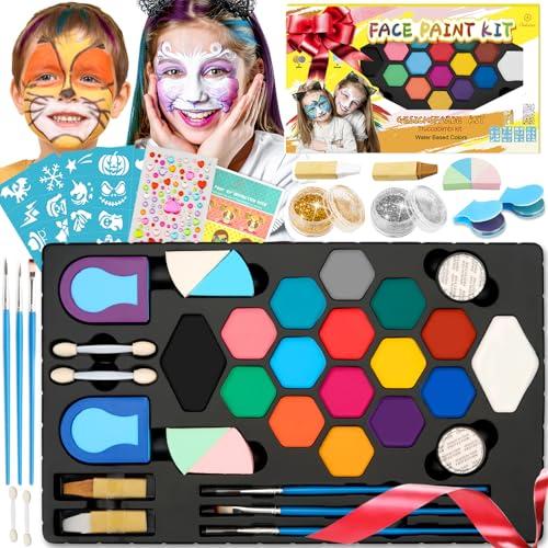 Oukzon Trucchi Viso Bambini Carnevale, 16+2 Colori Pittura Facciale con 32 Stencil, Glitter, Capelli Gesso, Gemma - Kit Trucco Corpo Face Painting Bambini, Truccabimbi per Festa, Pasqua, Halloween
