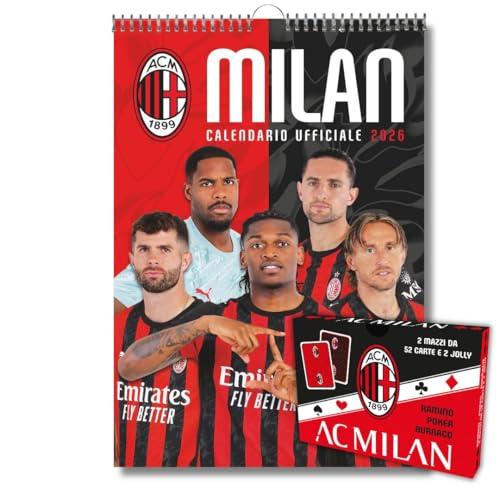 EURO PUBLISHING: Calendario Verticale Milan 2026 + Carte da Gioco Milan- Poker - Burraco - Ramino (2 mazzi: 52 carte per mazzo + 2 jolly) - cm 29x42 - Prodotto ufficiale