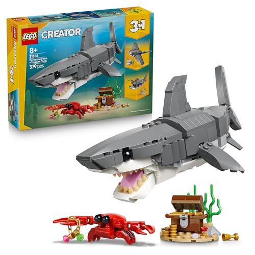 LEGO Creator 3 in 1 Squalo con Scrigno del Tesoro Giocattolo - Animale Marino Trasformabile in Rana Pescatrice o Manta - Decorazione Camera da Letto - Regalo per Bambini e Bambine da 8 Anni - 31381