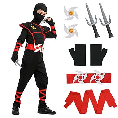 Aomig Ninja Costume per Bambini con Maschera, Pugnale, Freccette, Cintura, Guanti, Cinghia per Halloween Cosplay Natale Carnevale Festa (M, 6-7 anni)