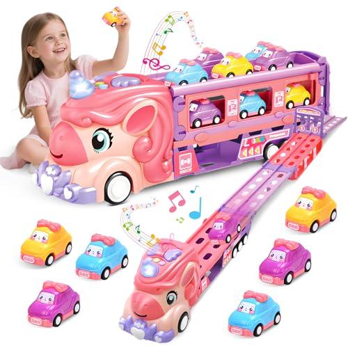 RoserRose Camion Giocattolo per Bambini, Unicorno Camion Porta Macchinine con 6 Mini Cars, Luci e Musica, Regalo Bambina 2 Anni, Macchina Giocattoli per Bambina 2 3 4 5 6 Anni